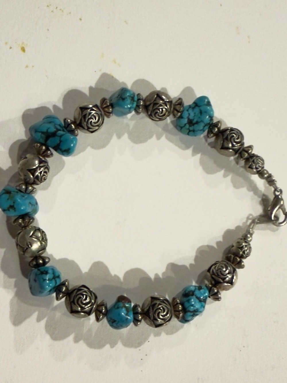 Source Unknown Turquoise and Silver Rose Bead Bracelet